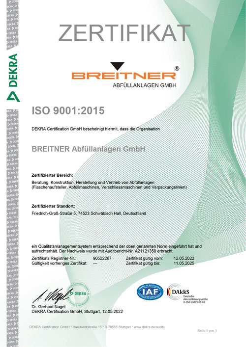 BREITNER Abfüllanlagen ISO Zertifizierung